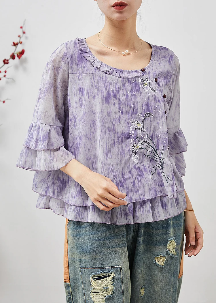 French Purple Embroidered Tie Dye Chiffon Shirts Flare Sleeve