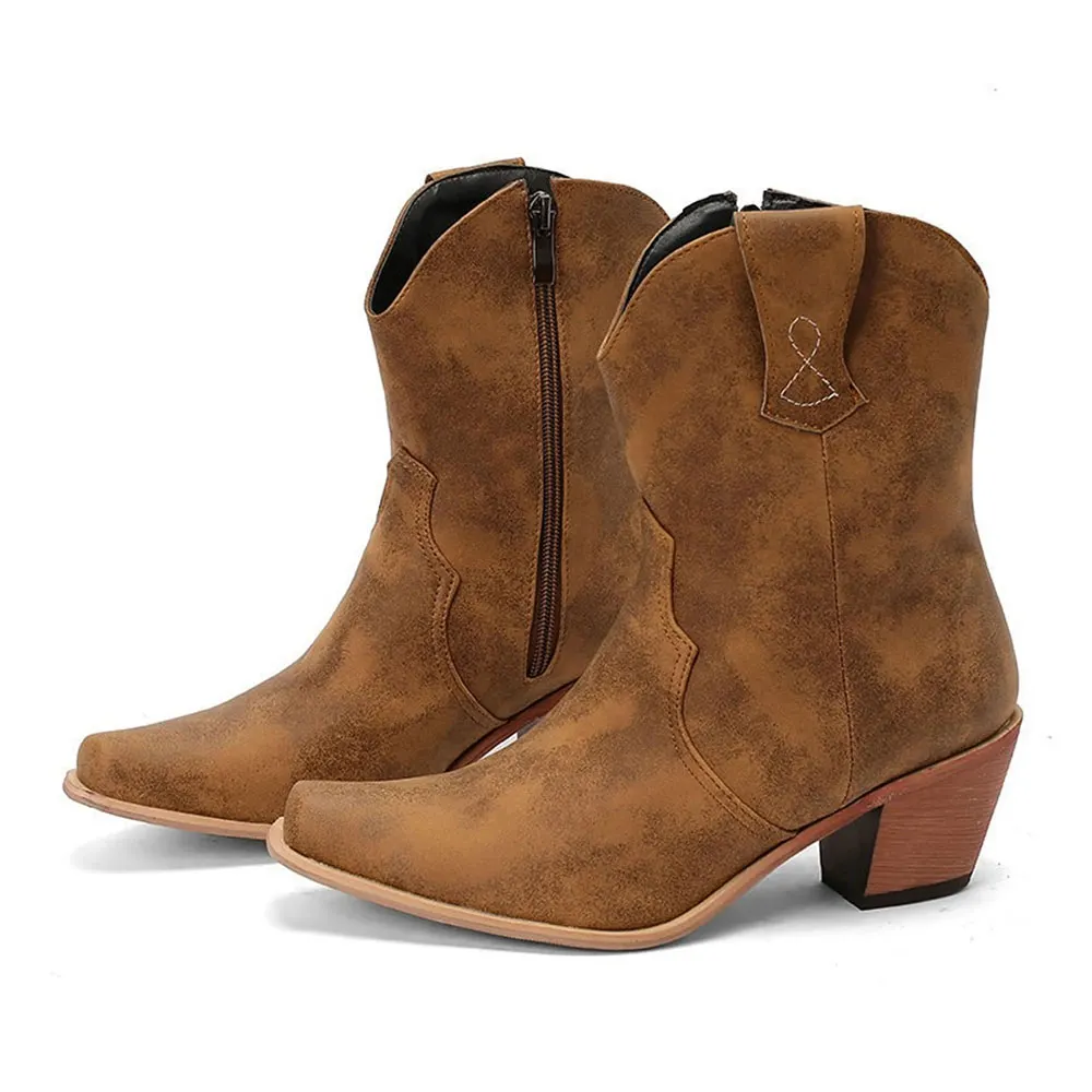 Women's Distressed Mid Block Heel Snip Toe Tan Cowgirl Boots