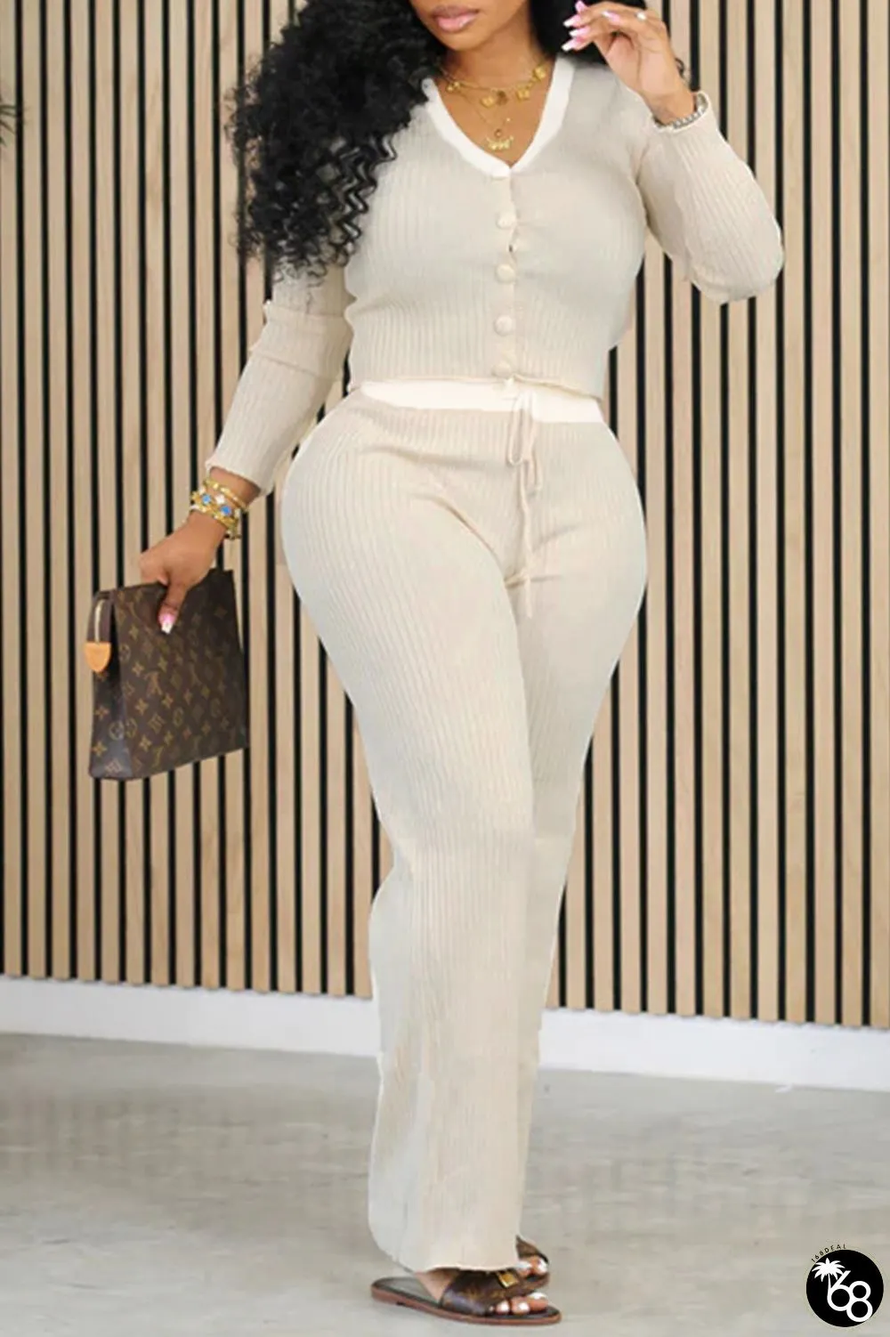 Milky Casual Solid Patchwork Draw String Buckle V Neck Long Sleeve Two Pieces | 168DEAL
