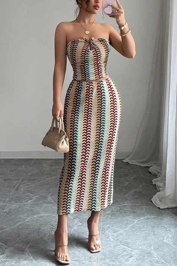 Playful Colorful Knitted Sexy Tube Top and Elegant Back Slit Midi Skirt Set