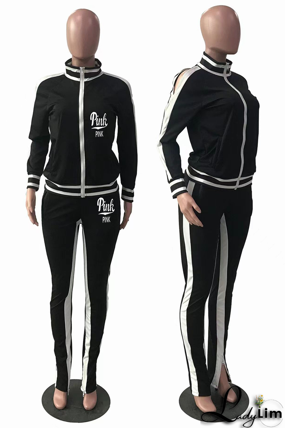 Black Yellow Casual Print Slit Zipper Collar Long Sleeve Two Pieces