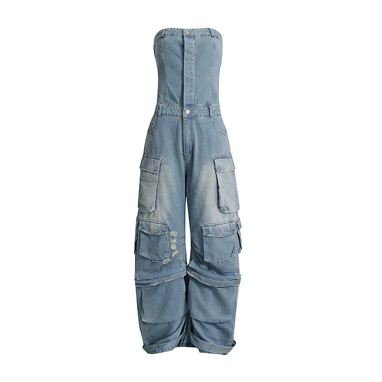 Strapless Waisted Multi-Pocket Denim Jumpsuit