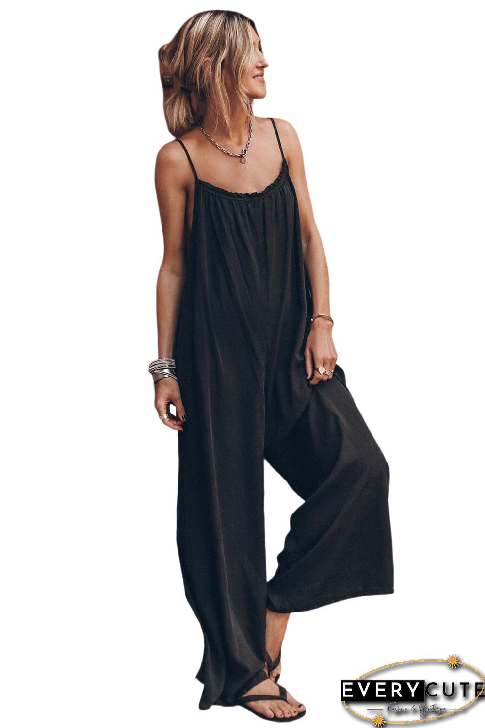 Black Frilled Neckline Backless Wide Leg Jumpsuit