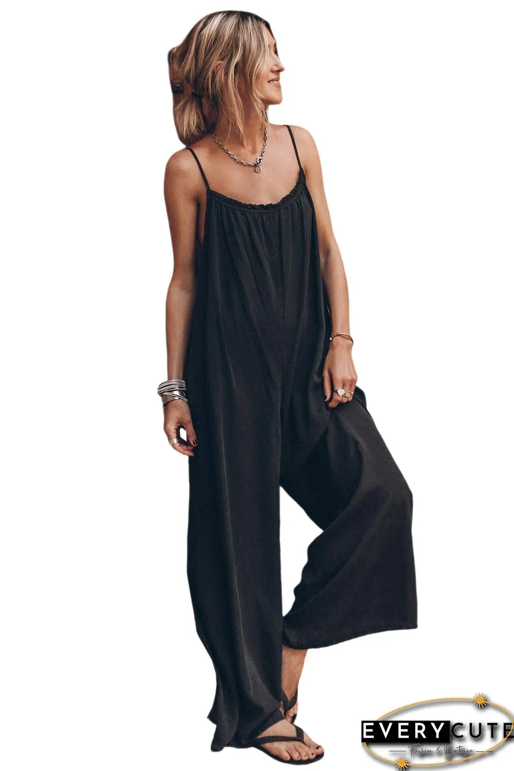 Black Frilled Neckline Backless Wide Leg Jumpsuit