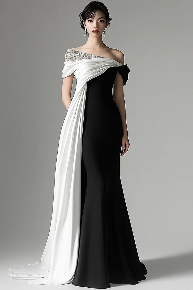 Skew Neck Contrast Color Sequin Maxi Dress-Black White [Custom-Made]