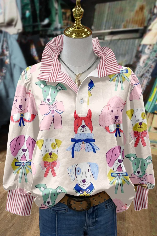 Dog Lover Print Striepd Top