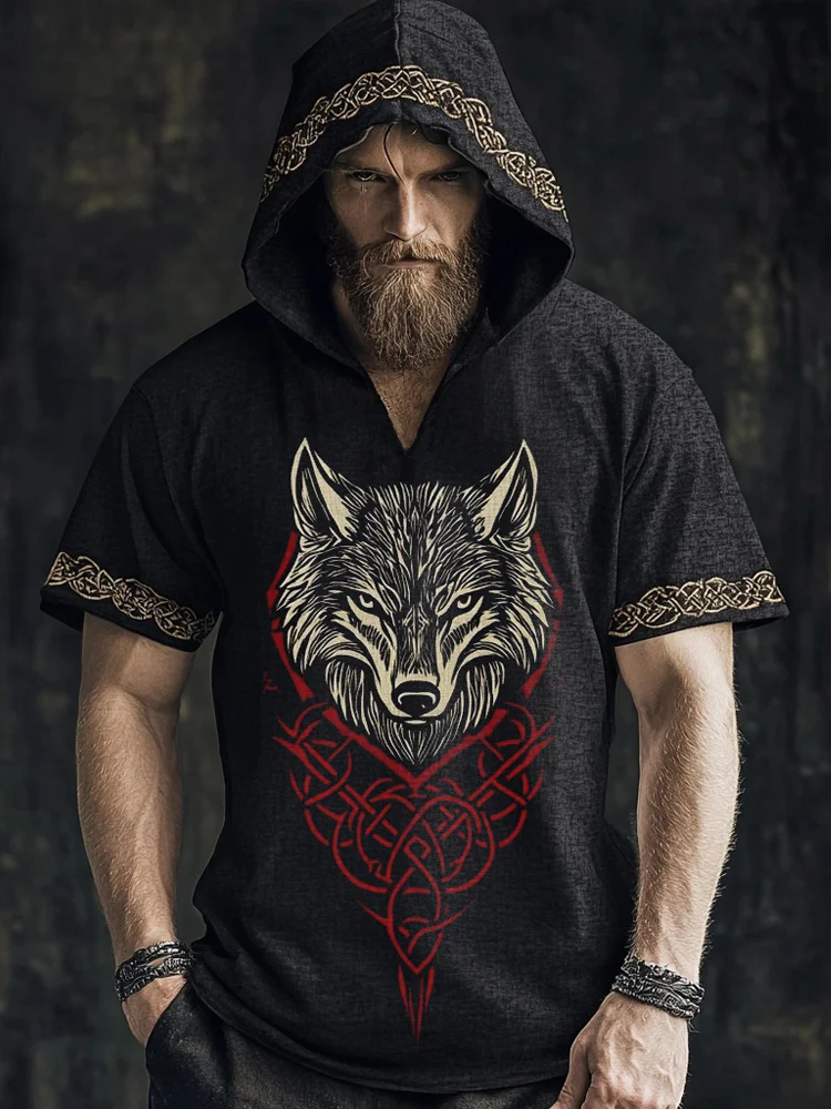 Men's Viking Wolf Retro Celtic Short Sleeve Hoodie / Rvogue / Rvogue
