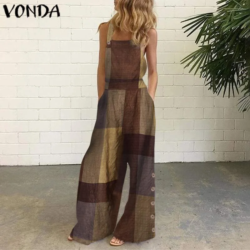 VONDA Jumpsuits Women Rompers Sexy Sleeveless Full Length Wide Leg Overalls Summer Pockets Vintage Patchwork Cotton Playsuits