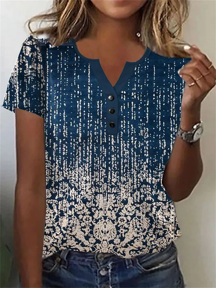 Women's Artist Print Blue Retro Floral Button Down Short Tee T-Shirts