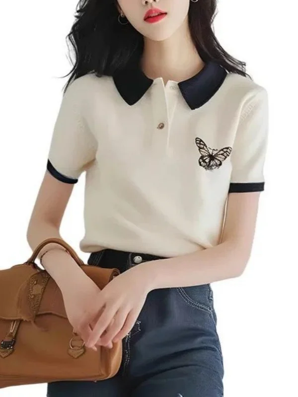 Athvotar Athvotar Butterfly Polo Collar Short-Sleeved T-Shirt Girl 2025 Summer Simple Fashion Does Not Hit The Unique Beauty Of The Top Woman