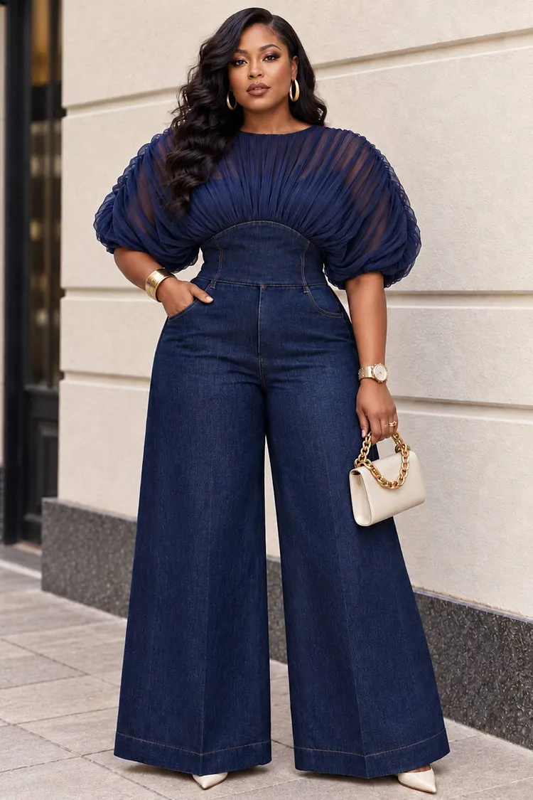 Xpluswear Design Plus Size Party Denim Blue Round Neck Short Sleeve Crinkle Chest Wide Leg Tulle Jumpsuits [Pre-Order] 2024 - Xpluswear