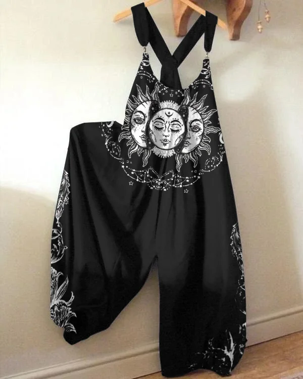 Punk sun and moon print casual jumpsuit