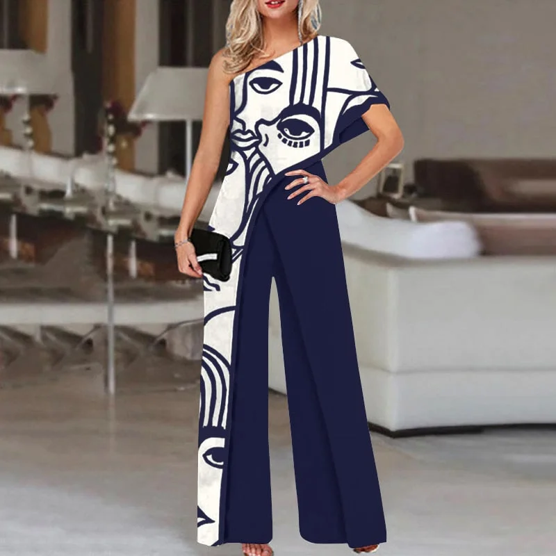 Women Fashion Jumpsuits 2022 VONDA One Shoulder Printed Jumpsuits Women Trousers Female Palazzo Wide Leg Pants Pantalon Femme