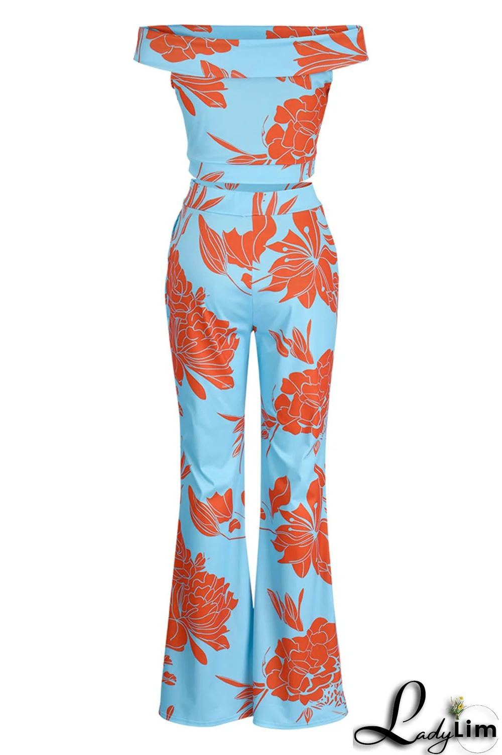 Light Blue Fashion Casual Print Patchwork Backless Off the Shoulder Short Sleeve Two Pieces