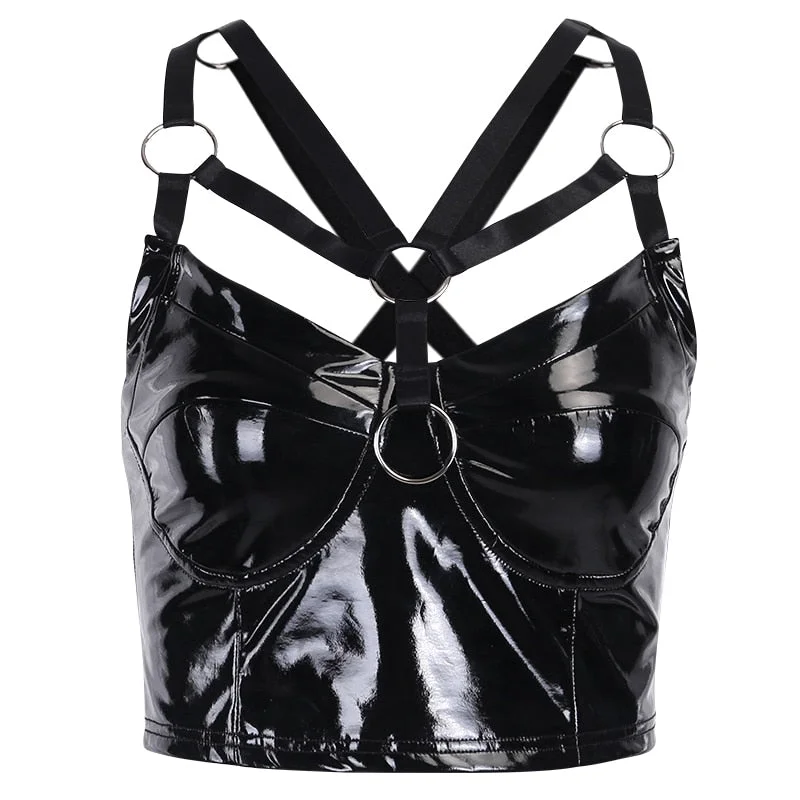 InsGoth PU Leather Camis Women Sexy Tank Tops Gothic Streetwear Hollow Out Bodycon Bandage Balck Leather Backless Camis Female