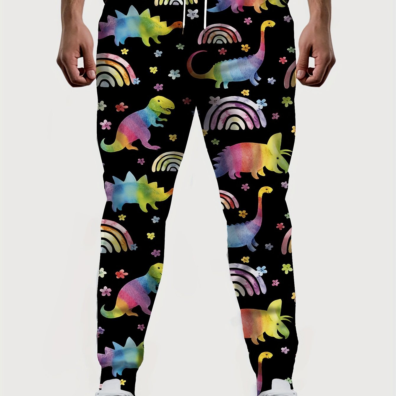 Dinosaur & Rainbow Print Drawstring Sweatpants Loose Fit Pants Men's Casual Slightly Stretch Joggers For Men Spring Autumn Running Jogging