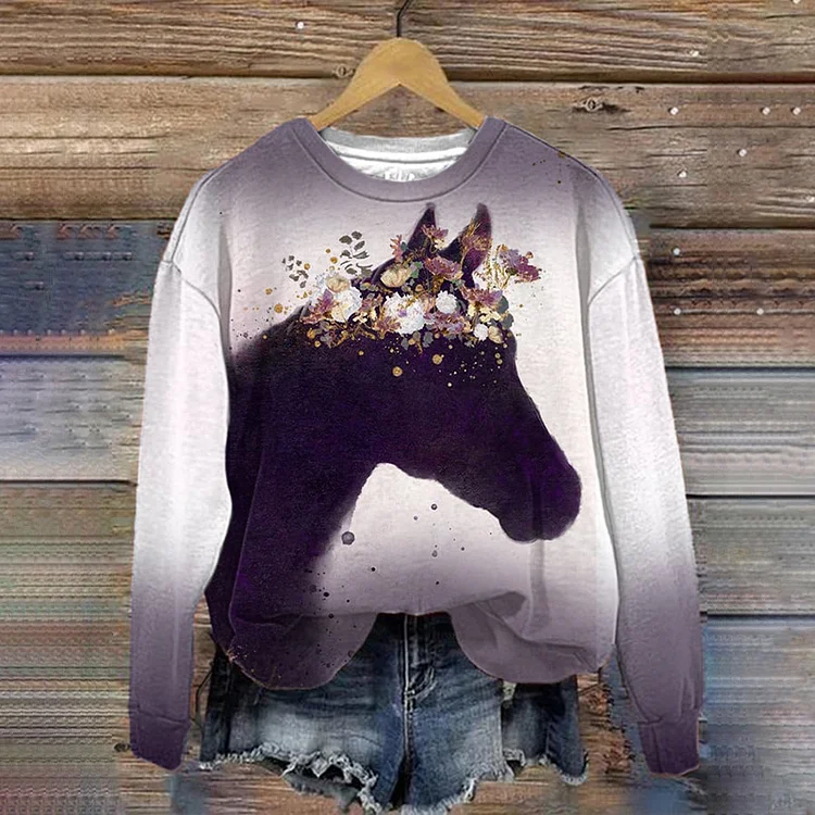 Wearshes Horse Floral Print Casual Long Sleeve Sweatshirt