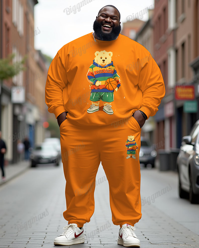 Men's Casual Orange Basketball Bear Letter Print Plus Size Sweatshirt Suit