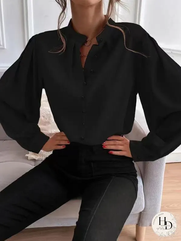 Blouses Solid Lapel Button Long Sleeve Blouse for Women