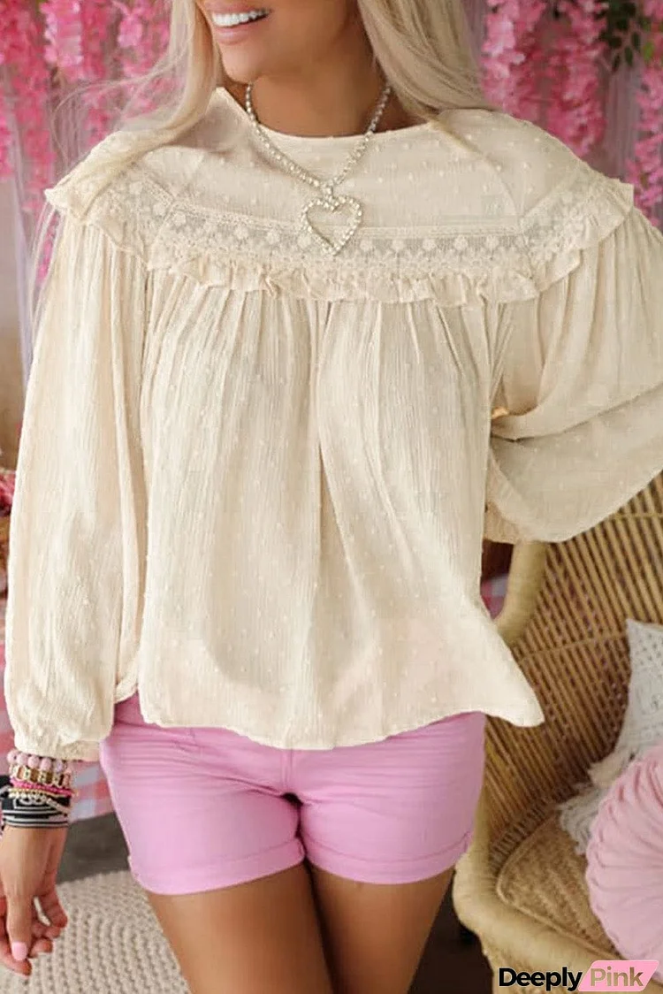 Beige Lace Up Back Swiss Dot Blouse