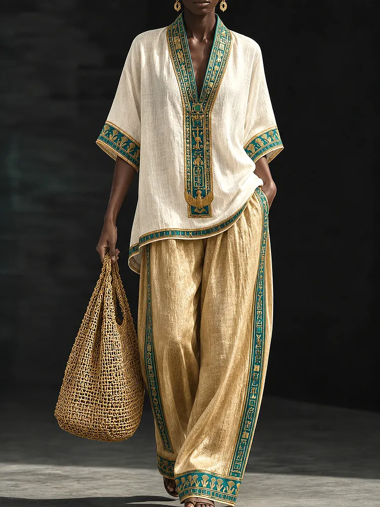 Champagne Beige Ancient Egypt Luxury Two-Piece Set with Teal Hieroglyph Border Accents
