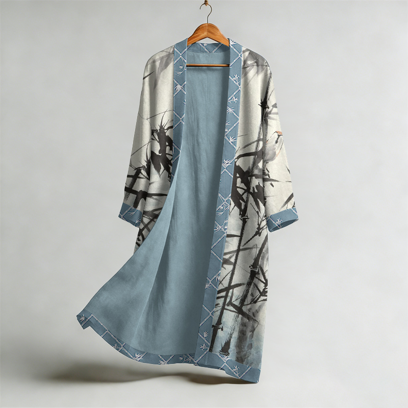 Men's Retro Ink Bamboo Art Print Linen Long Kimono  artssus