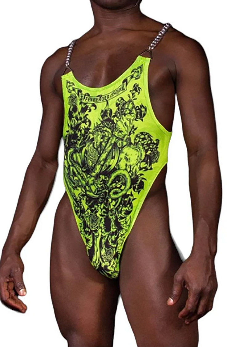 Men's Chain Straps Neon Green Dragon Crest Print Bodysuit [Pre-Order]