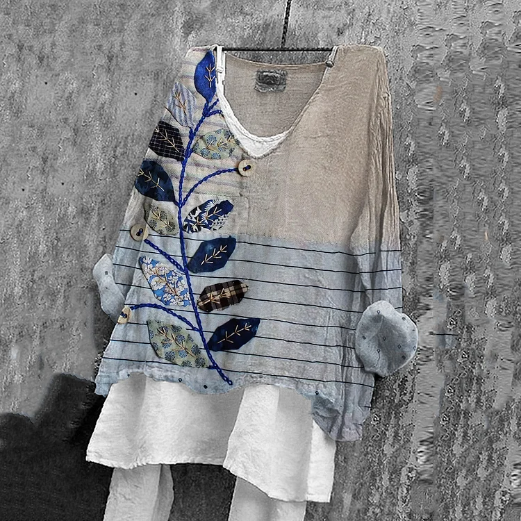 Vintage Floral Art V Neck Linen Blend Blouse