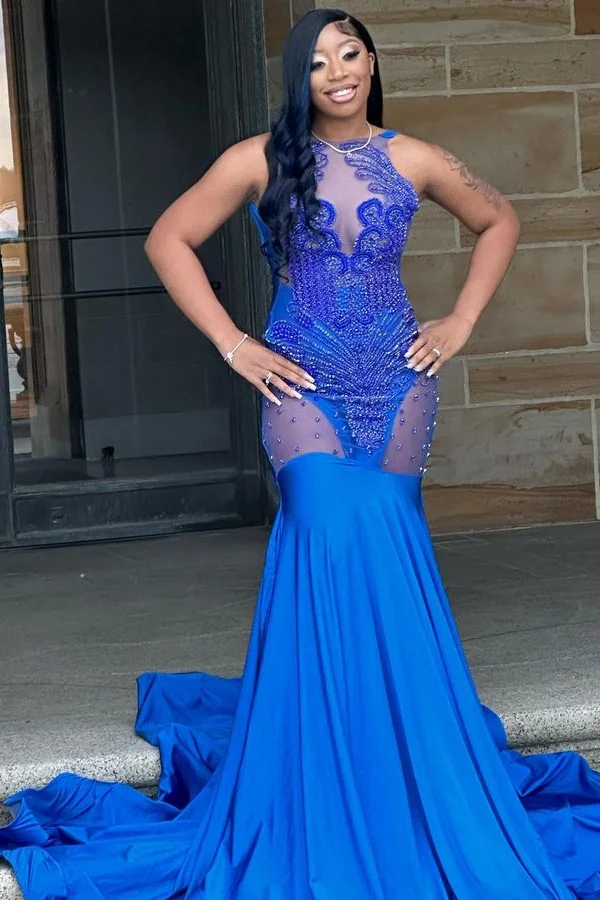 Bellasprom Royal Blue Sleeveless Mermaid Prom Dress Tulle With Beadings
