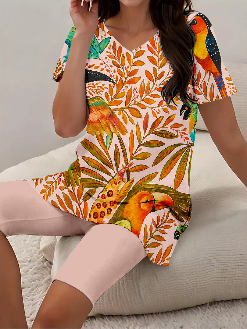 Women Long Sleeve V-neck Graphic Floral Printed Top
