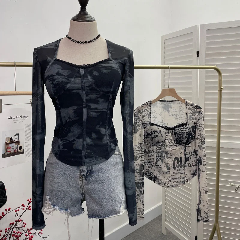 Uveng Quality Explosion Fang Lace Splicing Tie-Dye Mesh Long Sleeve Tight Babes With Chest Pads Short Top 1386