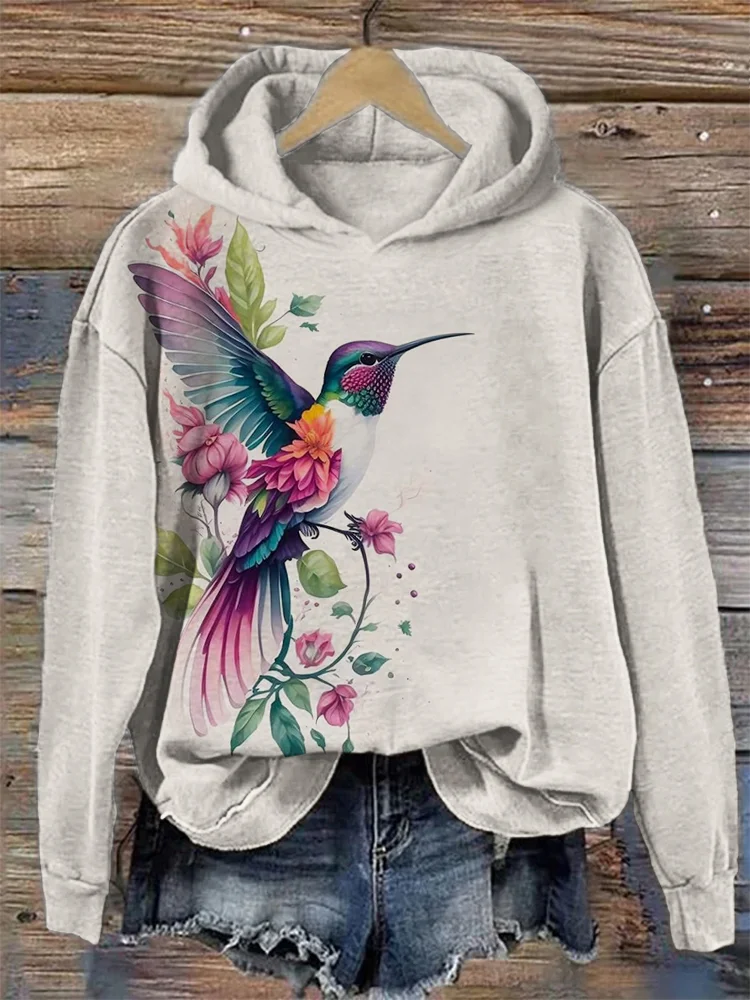 Comstylish Elegant Hummingbird Floral Art Cozy Hoodie