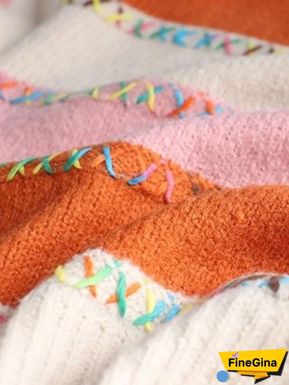 Women's Fashionable Lazy Style Handmade Thread Contrasting Round Neck Knitted Cardigan