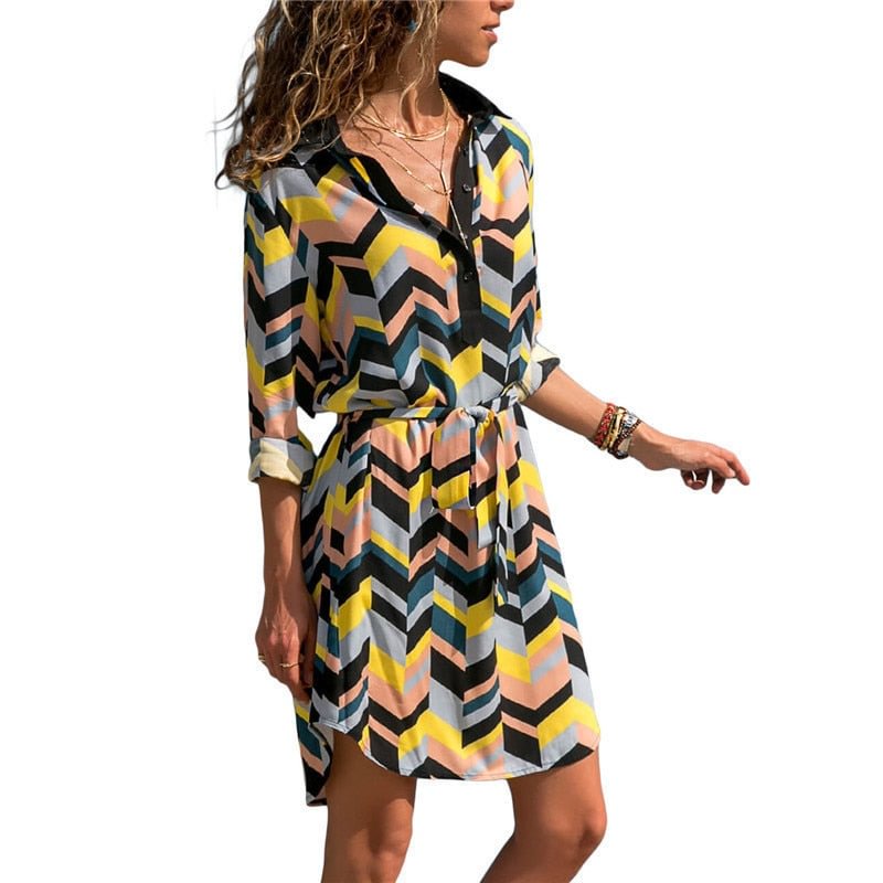 Aachoae Long Sleeve Shirt Dress 2021 Summer Boho Beach Dresses Women Casual Striped Print A-line Mini Party Dress Vestidos