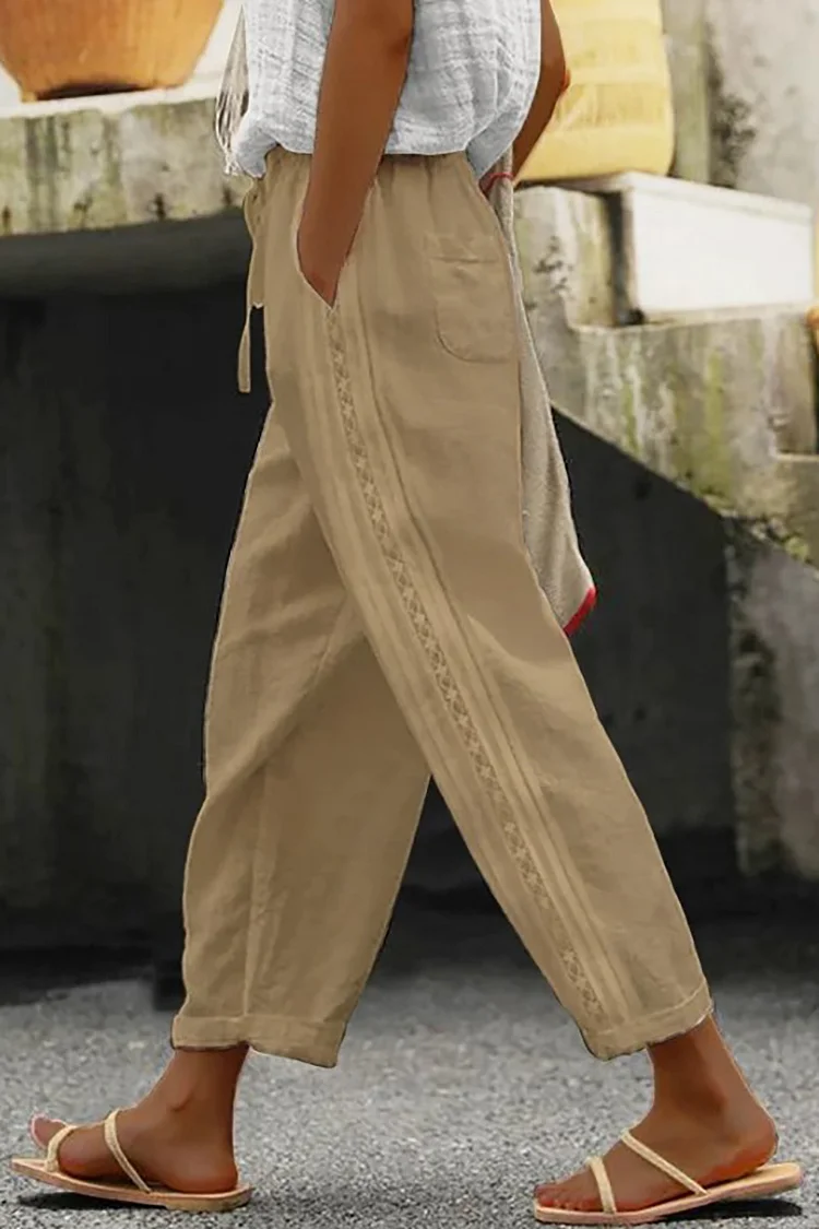 Patchwork Drawstring Pocket Linen Straight Leg Pants