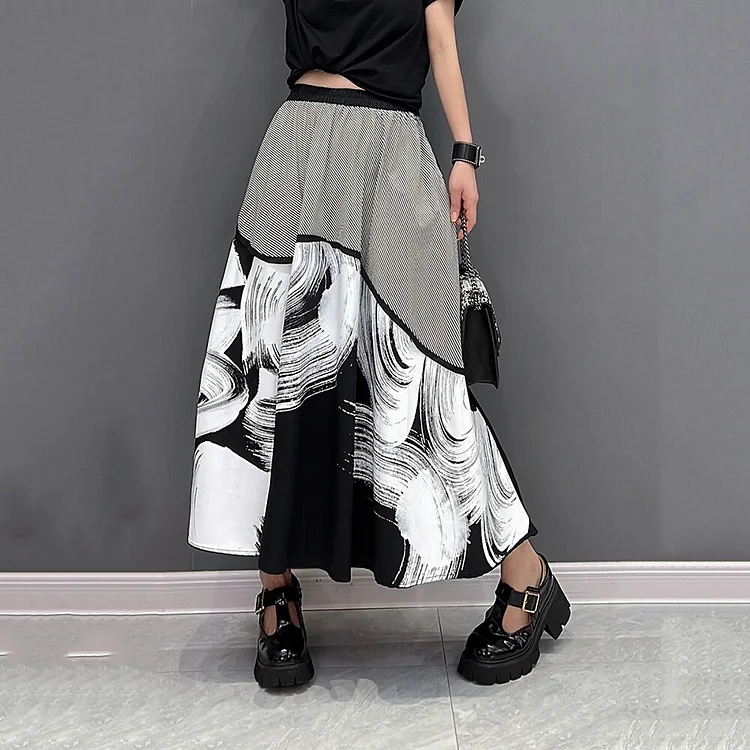 Elegant Printed Patchwork Elastic Waist Pleated Skirt      