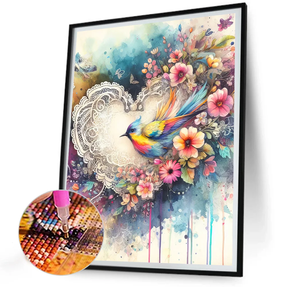 Full Round Diamond Painting 30*40cm - Love Heart And Colorful Bird