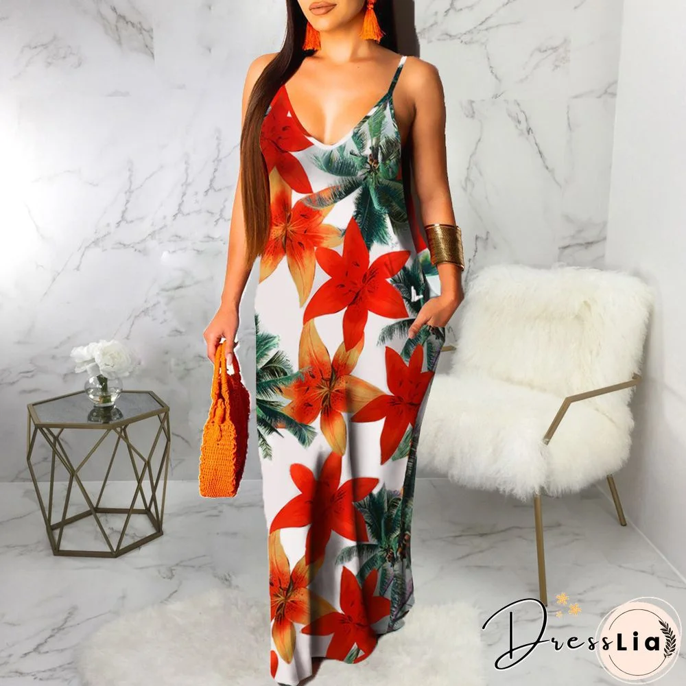 Summer Outfits Fashion Print Sleeveless Strap V-neck With Pocket Beach Clubwear Loose Long Dresses