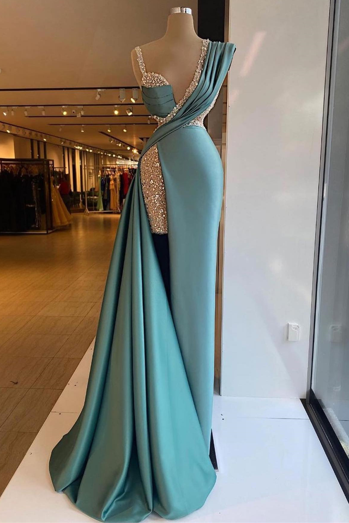 Bellasprom Jade V-Neck Sleeveless Mermaid Prom Dresses Long With Beads Split Bellasprom