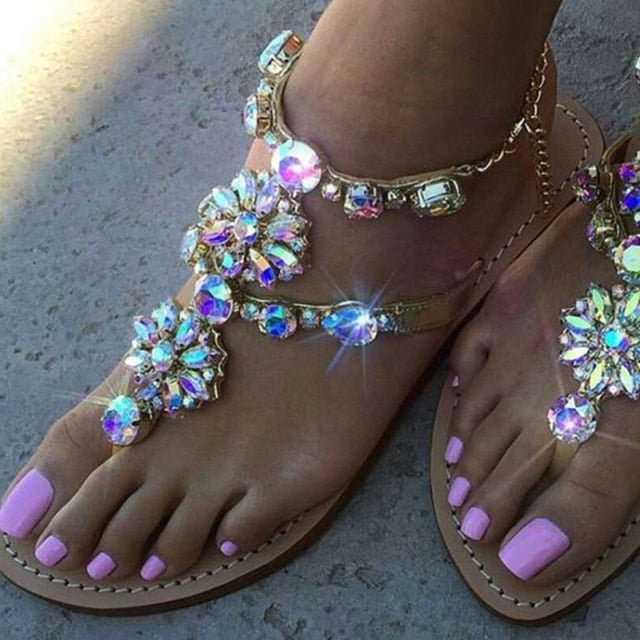 Women Sandals Bling Crystal Summer Shoes Woman Beach Flat Sandals Plus Size Flip Flops Ladies Rhinestones Slippers Female Flats