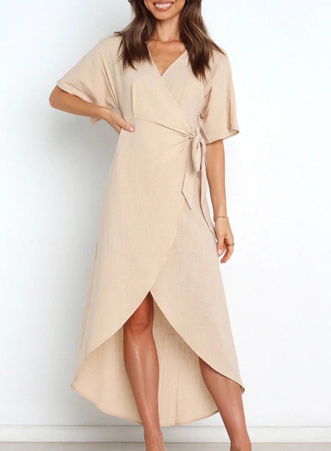 Women's Solid Linen Short Sleeve Midi Dress