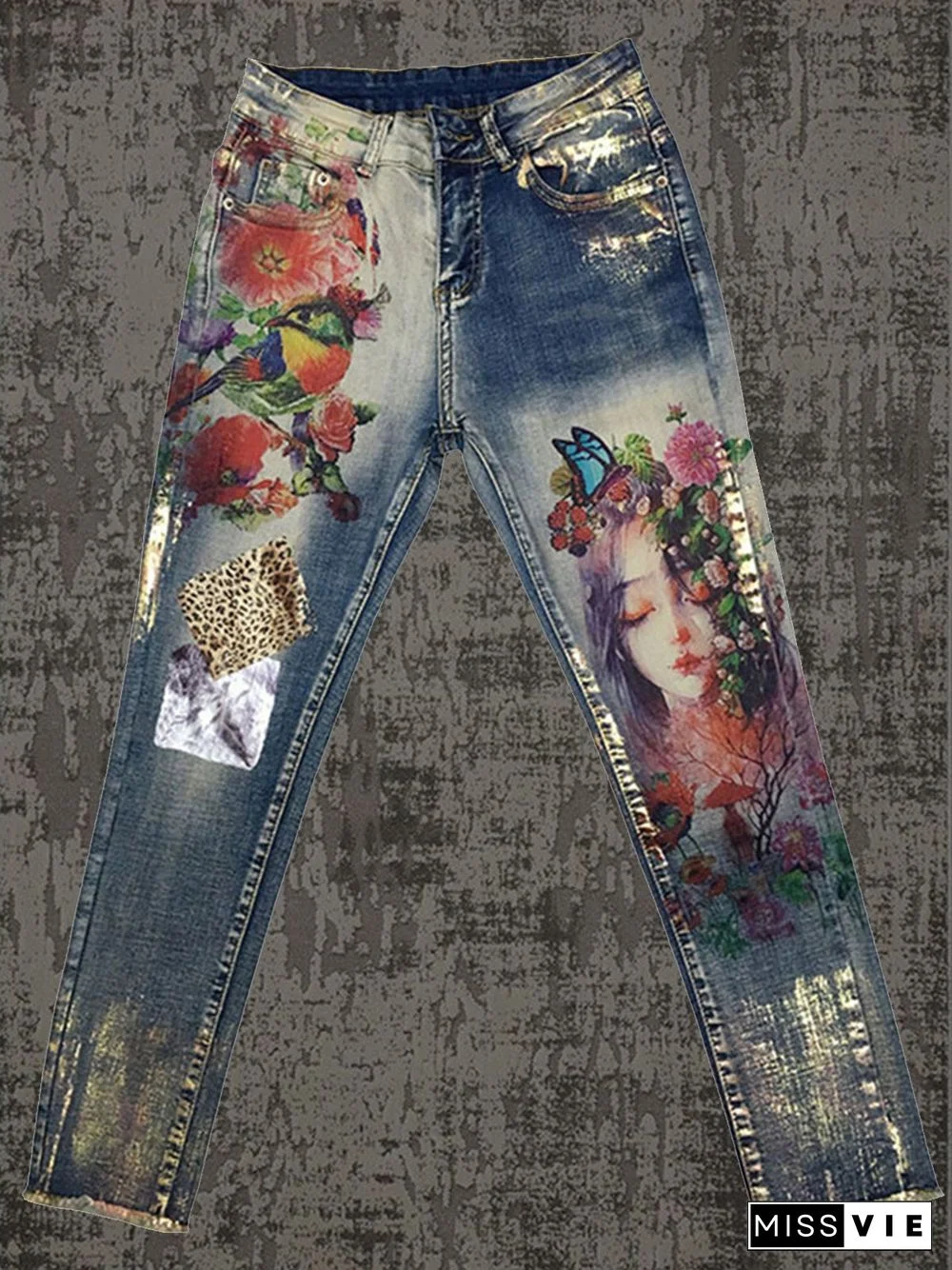 Women's Casual Abstract Printed Denim Trousers