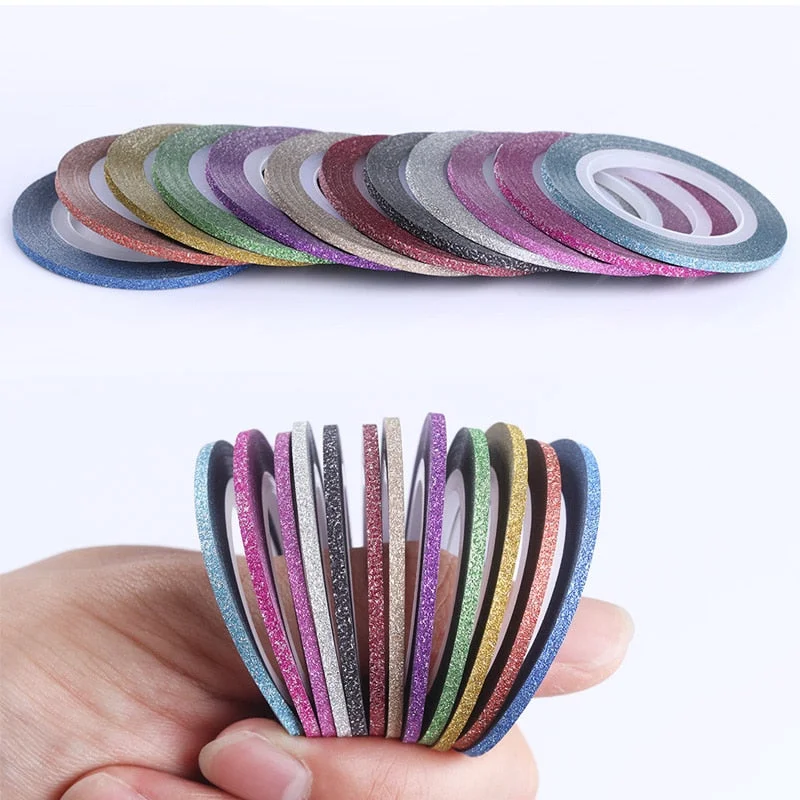 12 Rolls 2mm Matte Glitter Nail Striping Tape Line Rainbow Multi Color Styling Tool Sticker Decal  DIY Decoration-Nail Inspo