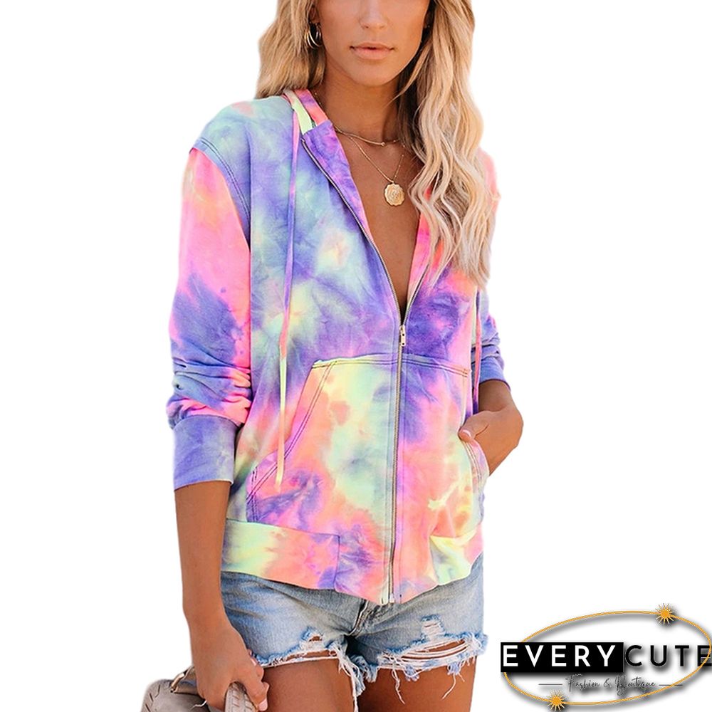 Purple Zip Up Kangaroo Pocket Tie Dye Hoodie