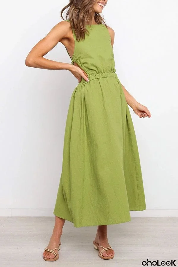 Backless Solid Color Sexy Cotton Linen Dress