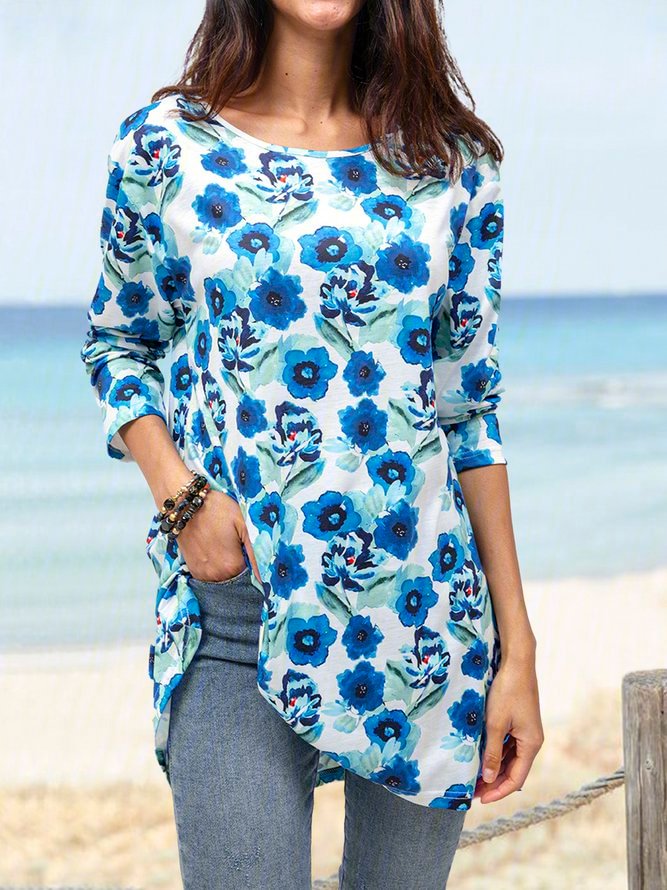 Crew Neck Casual Floral Shirts Blouses Zaesvini