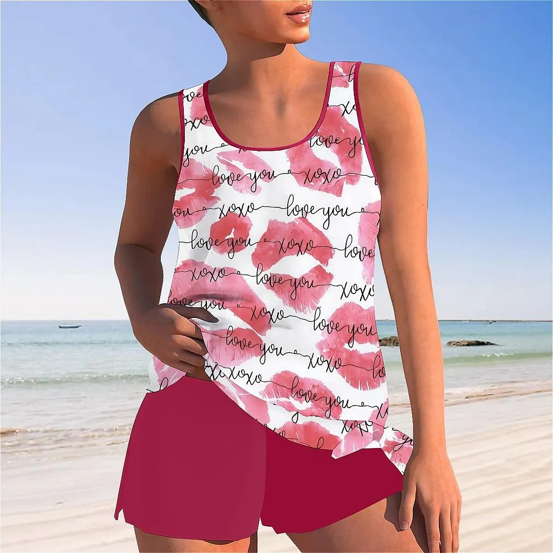 Bowknot Heart,Love,Valentine's Day Mid Waisted Tankini Set - Plus Size Available