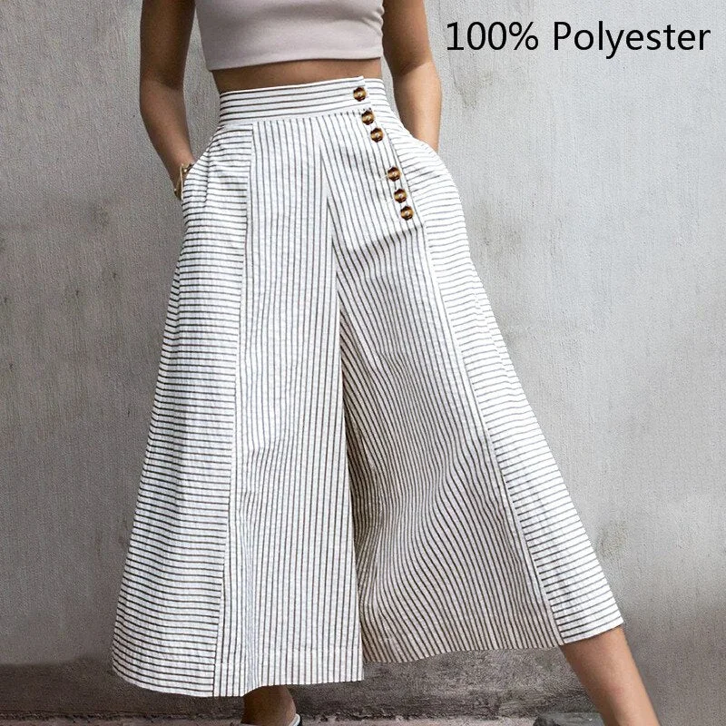 Celmia 2022 Fashion Striped Trousers Women White Wide Leg Pants Summer High Waist Pocket Casual Office Pantalon Elegant Palazzo