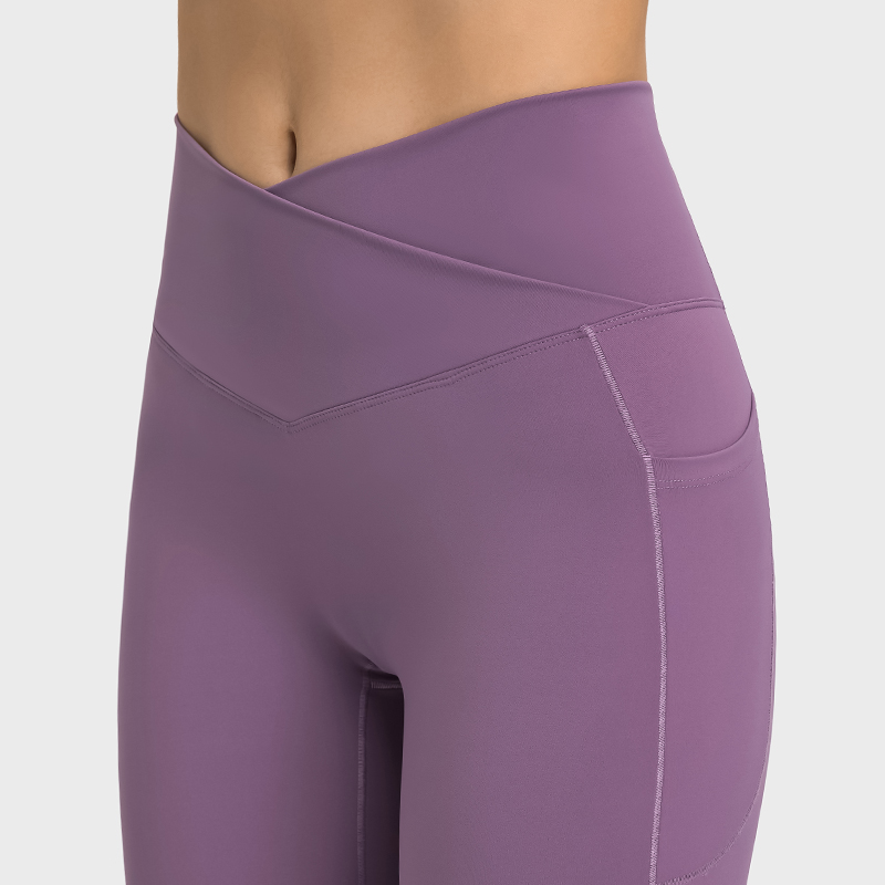 Buy different colors and types of no front seam high waist criss cross capri leggings with side pockets on Hergymclothing Saffron Purple