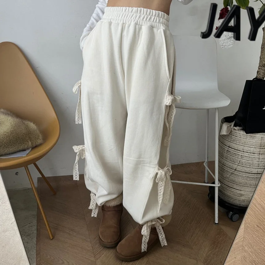 Zingj Side Lace Bow Tie  Baggy Sweatpants-Outfit Ideas